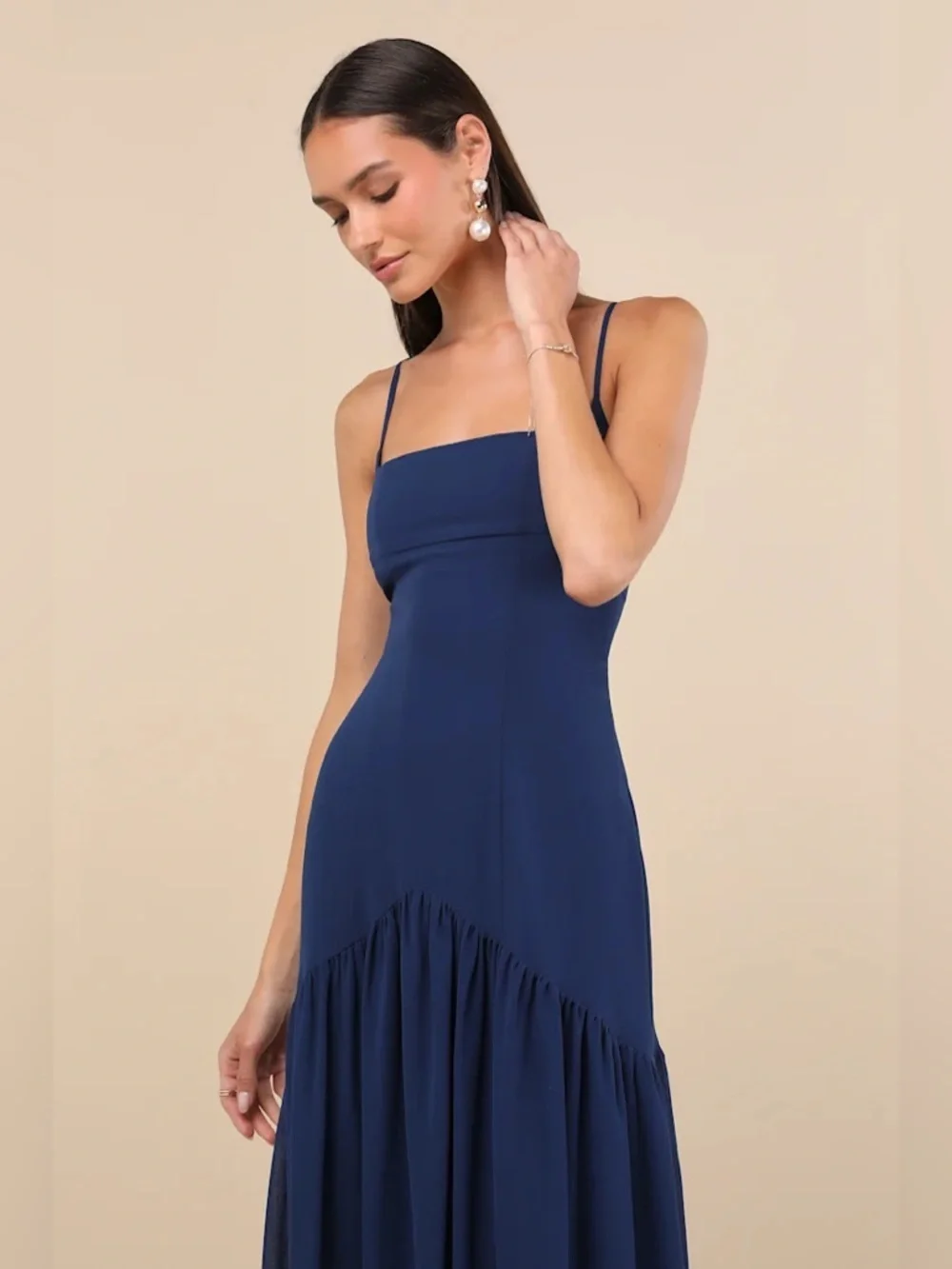 Lulus Auria Navy Blue Chiffon Drop Waist Maxi Dress